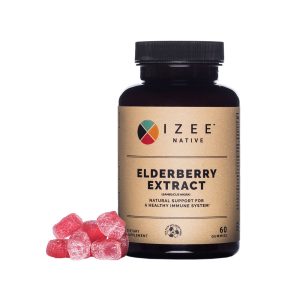 Photo of pill bottle labeled elderberry extract and along with gummies