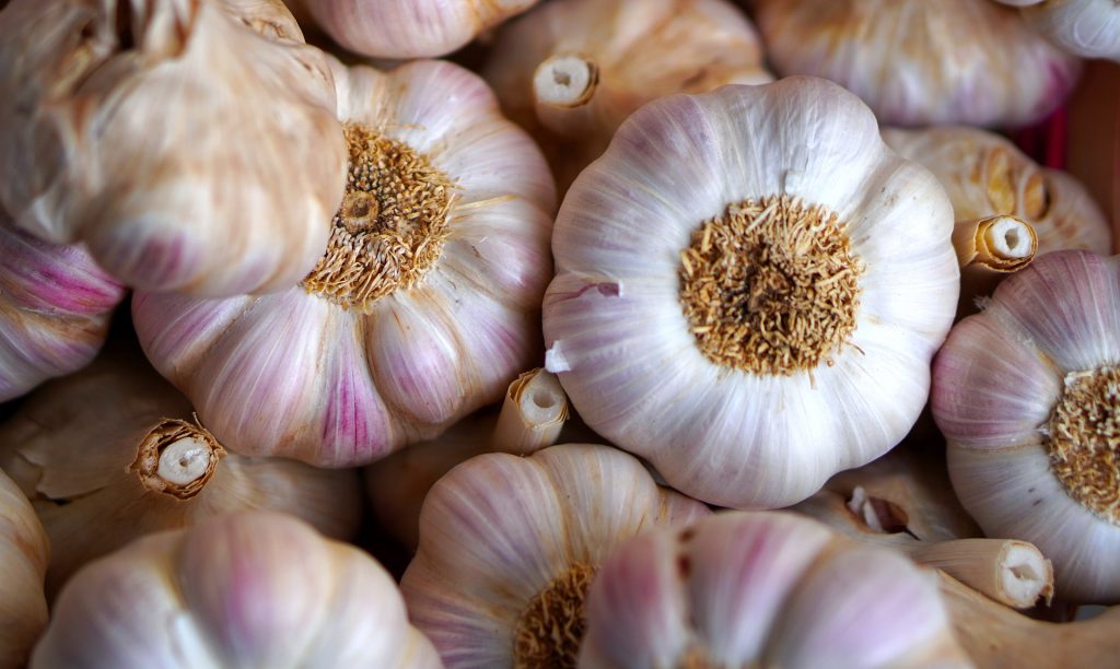 Photo of hardneck garlic stacked on top of each other.