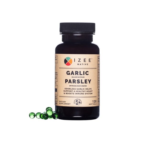 Photo of pill bottle labeled garlic parsley and green gel pearls.
